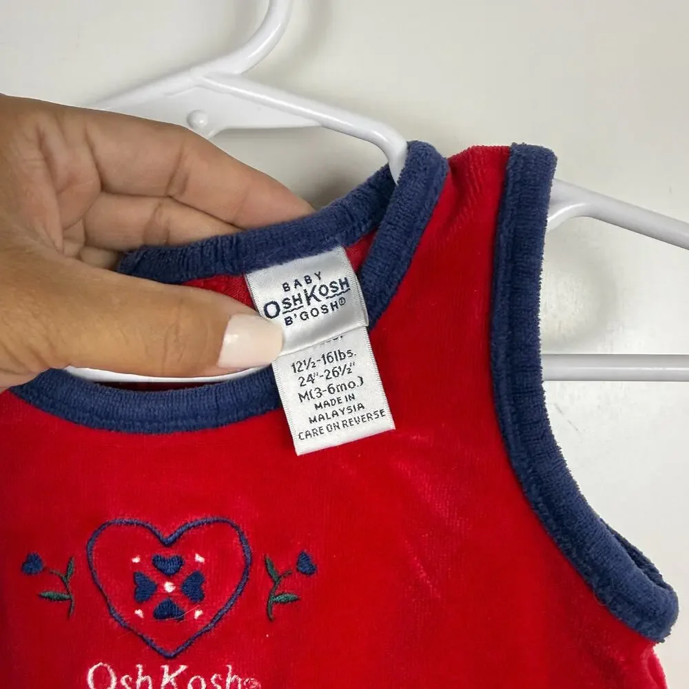Vtg 90s OshKosh B'Gosh Romper Velvet Red Blue Heart - 3-6 Months